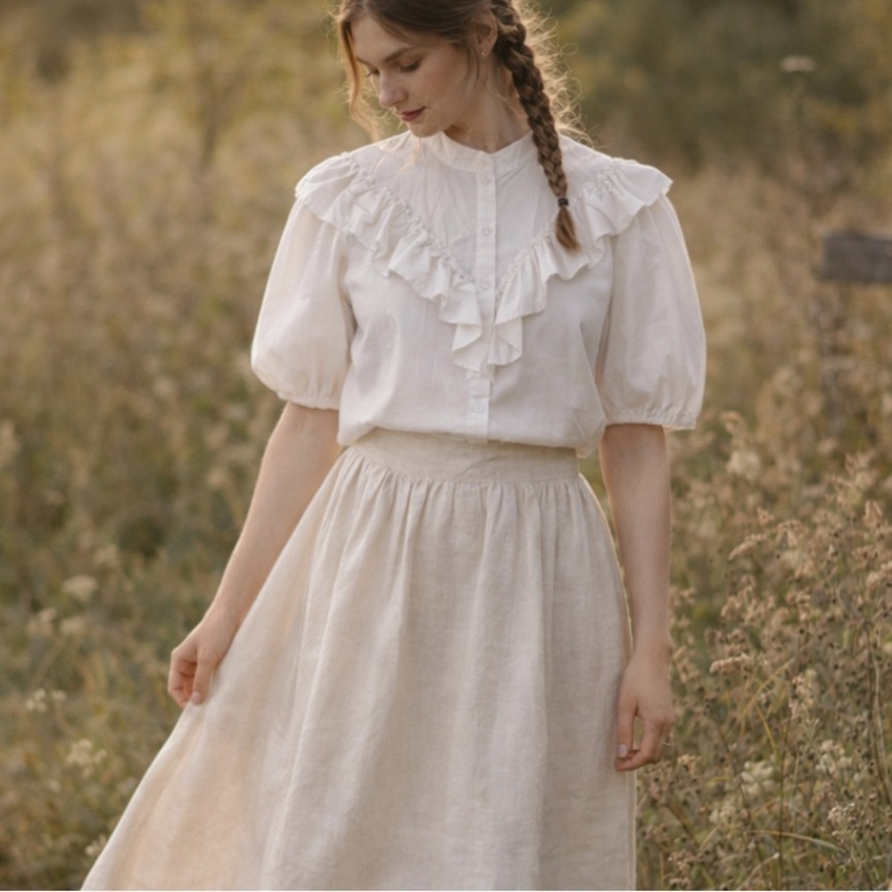 Vintage 70s Malco Modes Prairiecore Ruffle Blouse White Cotton Puff Sleeve Top